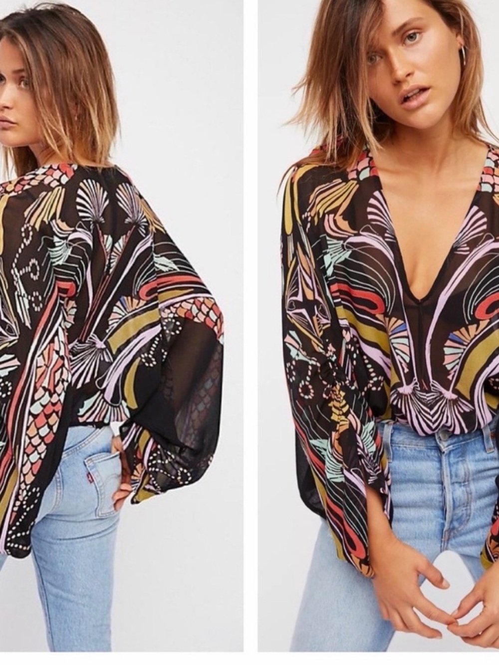 Free People Black Blouse with Pink and Orange Floral Print Small